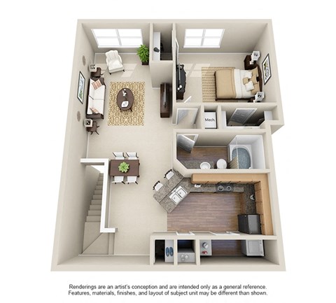 Floor plan for 1 bed, 1 bath, 987 sqft